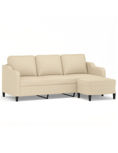 Divano a 3 Posti con Poggiapiedi Crema 180 cm in Tessuto