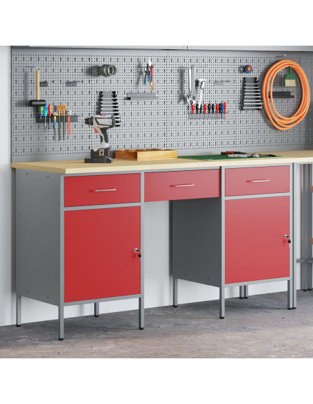 Set armadi e tavolo da lavoro 3 pezzi  in legno ingegnerizzato e acciaio rosso