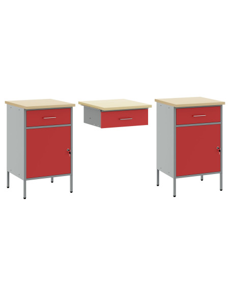 Set armadi e tavolo da lavoro 3 pezzi  in legno ingegnerizzato e acciaio rosso