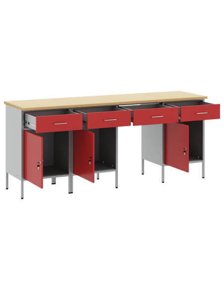 Set da Tavolo e Armadietto da Lavoro in 4 Pezzi Rosso in Legno Ingegnerizzato e Acciaio