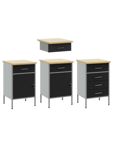 Set da lavoro e tavolo 4 pezzi  neri in legno ingegnerizzato e acciaio