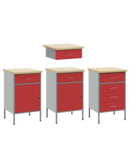 Set da 4 pezzi di armadietti e tavolo da lavoro  in legno ingegnerizzato e acciaio rosso