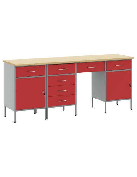 Set da 4 pezzi di armadietti e tavolo da lavoro  in legno ingegnerizzato e acciaio rosso