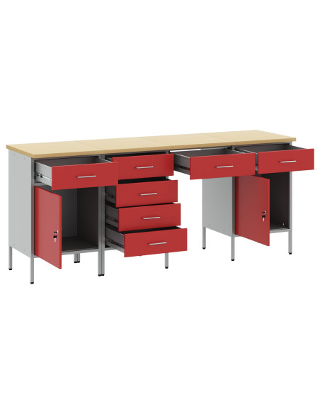 Set da 4 pezzi di armadietti e tavolo da lavoro  in legno ingegnerizzato e acciaio rosso