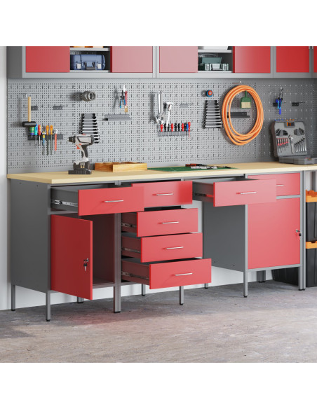Set da 4 pezzi di armadietti e tavolo da lavoro  in legno ingegnerizzato e acciaio rosso