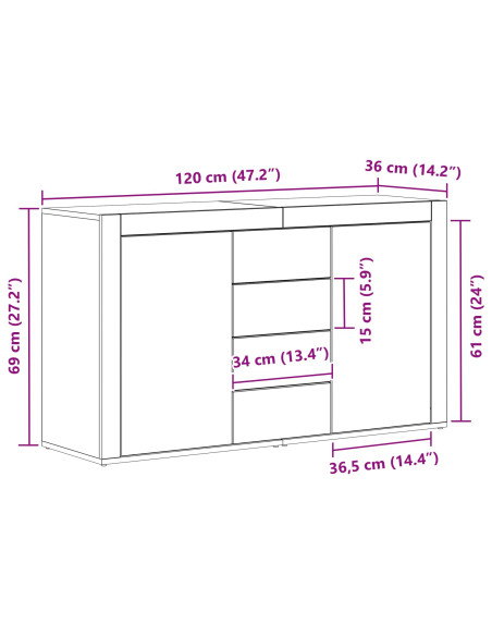 Credenza Rovere Nero 120 x 36 x 69 cm Legno multistrato