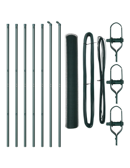 Recinzione Esagonale  Verde 1,4x10 m Acciaio, Pali per Recinzione  7 pz Verde Ø32 mm 190 cm Acciaio Galvanizzato