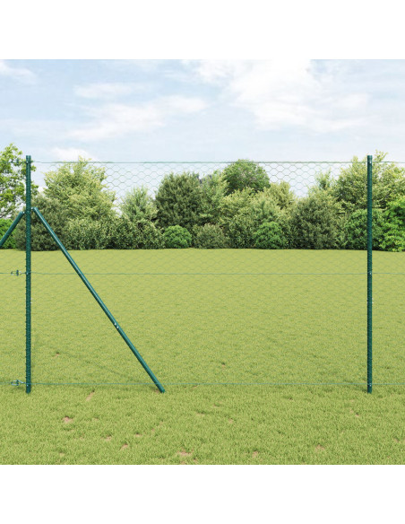 Recinzione Esagonale  Verde 1.6x10 m Acciaio, Pali per Recinzione  7 pz Verde Ø32 mm 210 cm Acciaio Zincato