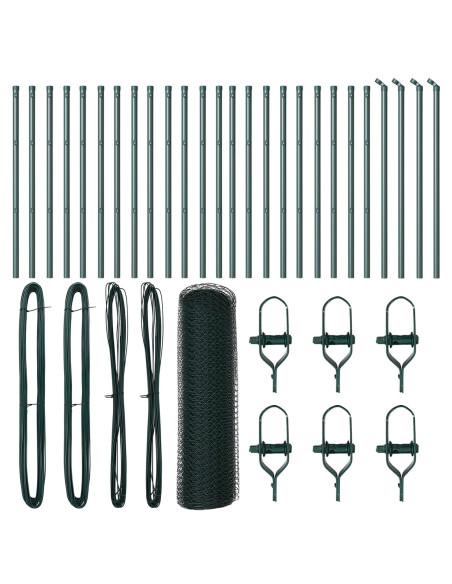 Recinzione Esagonale  Verde 0,4x50 m Acciaio, Pali di Recinzione  13 pz Verde Ø32 mm 80 cm Acciaio Galvanizzato