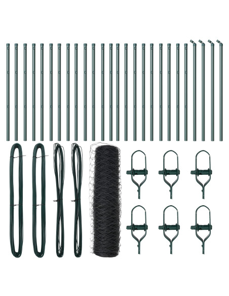 Recinzione Esagonale  Grigia 0.5x50 m Metallo, Pali per Recinzione  13 pcs Verdi Ø32 mm 100 cm Acciaio Galvanizzato
