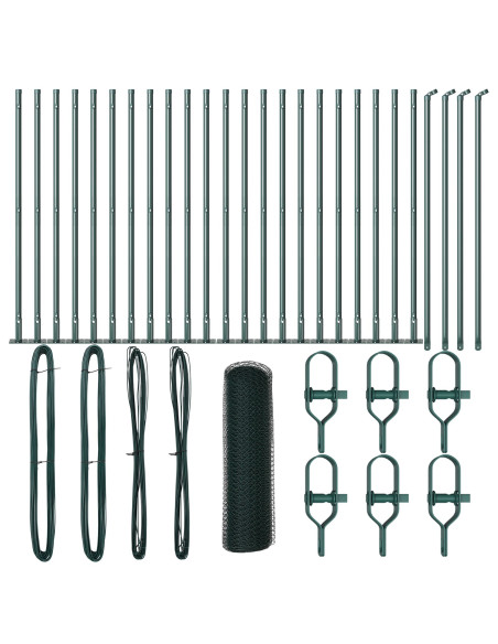 Recinzione Esagonale  Verde 1x50 m Acciaio, Pali di Recinzione  con Piattaforme di Base 13 pcs Ø32mm 110cm Acciaio Zincato
