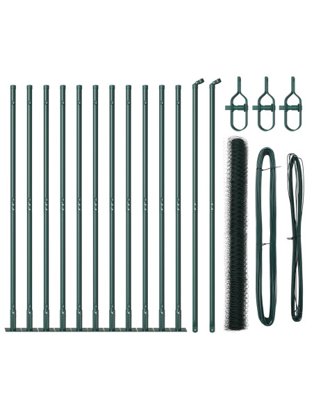 Recinzione Esagonale  Verde 1.4x25 m Acciaio, Pali Recinzione  con Piastra Base 13 pz Ø32mm 78.5cm Acciaio Zincato