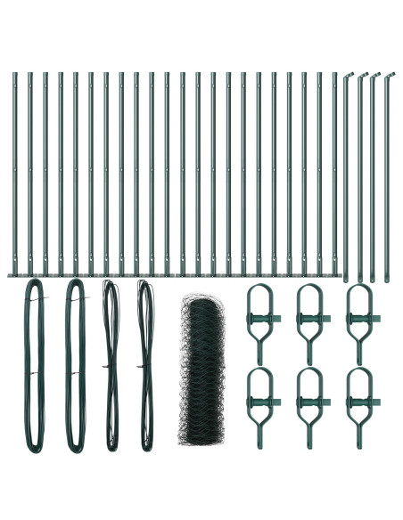 Recinzione Esagonale  Verde 0.8x50 m Acciaio, Pali per Recinzione  con Piastrine di Base 13 pz Ø32mm 90cm Acciaio Galvanizzato