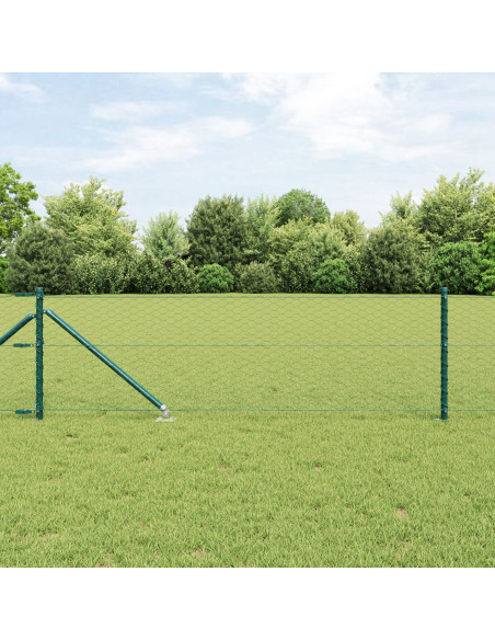 Recinzione Esagonale Verde 0.6x25 m Acciaio,  Pali per Recinzione con Picchetto 13 pz Ø32 mm 80 cm Acciaio Zincato