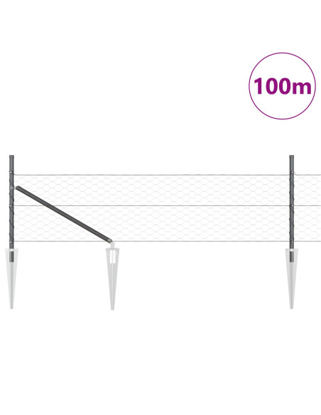 Recinzione a Esagono  Grigia 0.5x100 m Acciaio, Pali di Recinzione  con Picchetti 13 pcs Ø32 mm 80 cm Acciaio Zincato
