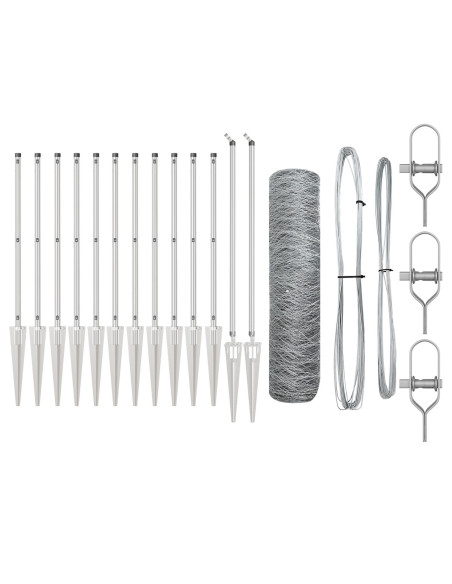Recinzione Esagonale  0.4x25 m Acciaio Zincato, Pali di Recinzione  con Picchetto 13 pz Ø32 mm 60 cm Acciaio Zincato