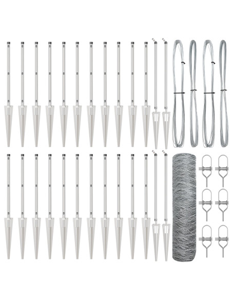 Recinzione Esagonale  0.6x50 m Acciaio Galvanizzato, Pali per Recinzione  con Punta 13 pcs Ø32 mm 80 cm Acciaio Galvanizzato