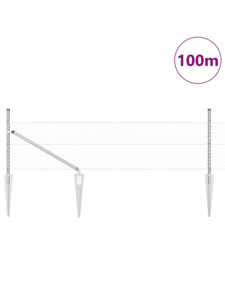 Recinzione Esagonale  0.8x100 m in Acciaio Zincato, Pali da Recinzione  con Picchetto 13 pz Ø32 mm 100 cm in Acciaio Zincato
