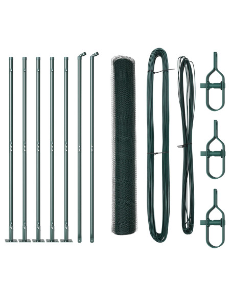 Recinzione Esagonale  Verde 1x10 m Acciaio, Pali per Recinzione  con Piastra di Base 7 pz Ø32mm 110cm Acciaio Zincato