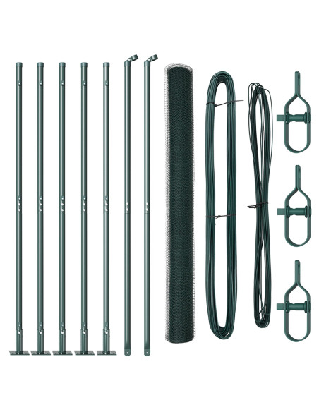 Recinzione Esagonale Verde 1.4x10 m Acciaio, Pali di recinzione  con piastre di base 7 pz Ø32mm 78.5cm Acciaio zincato