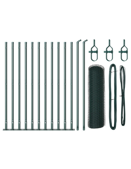 Recinzione Esagonale  Verde 0.4x25 m Acciaio, Pali per Recinzione  con Piastra di Base 13 pcs Ø32mm 50cm Acciaio Zincato