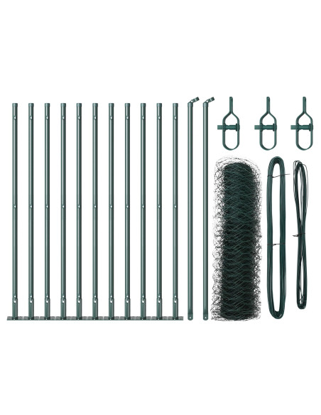 Recinzione Esagonale  Verde 0.4x25 m Acciaio, Pilastri Recinzione  con Piastra di Base 13 pz Ø32mm 50cm Acciaio Zincato