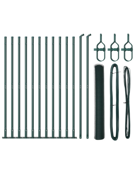 Recinzione Esagonale  Verde 0.8x25 m Acciaio, Posti per Recinzione  con Piastra di Base 13 pz Ø32mm 90cm Acciaio Galvanizzato