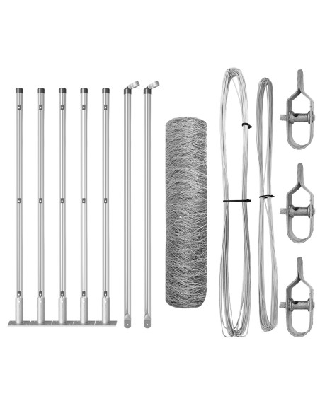 Recinzione Esagonale  0,5x10 m Acciaio Zincato, Pali per Recinzione  con Piattaforme di Base 7 pz Ø32mm 70cm Acciaio Zincato