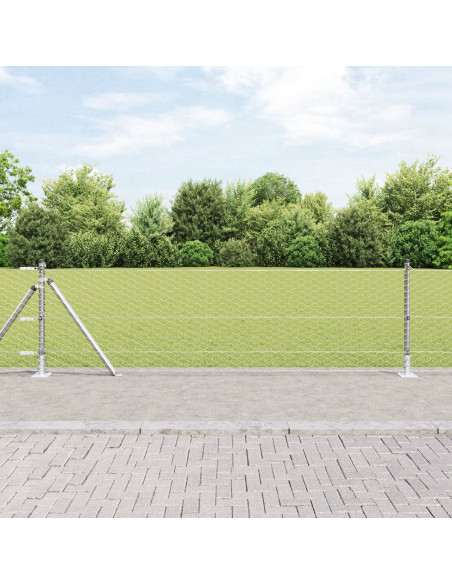 Recinzione Esagonale  0.6x10 m Acciaio Zincato, Pali per Recinzione  con Piastra di Base 7 pz Ø32mm 70cm Acciaio Zincato