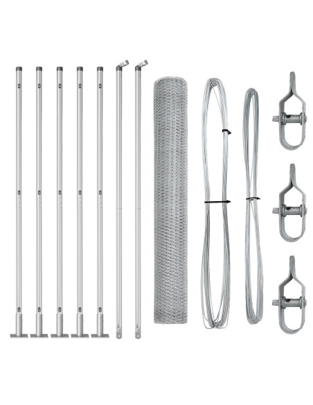 Recinzione Esagonale  0.8x10 m Acciaio Zincato, Pali per Recinzione  con Piastra di Base 7 pcs Ø32mm 90cm Acciaio Zincato