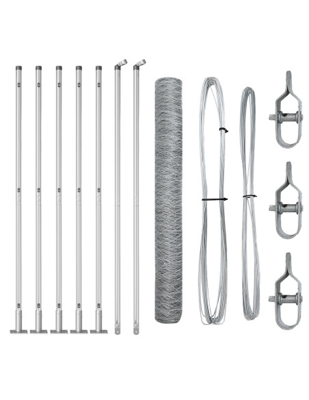 Recinzione Esagonale  1.2x10 m Acciaio Zincato, Pali per Recinzione  con Piastra di Base 7 pz Ø32mm 68.5cm Acciaio Zincato