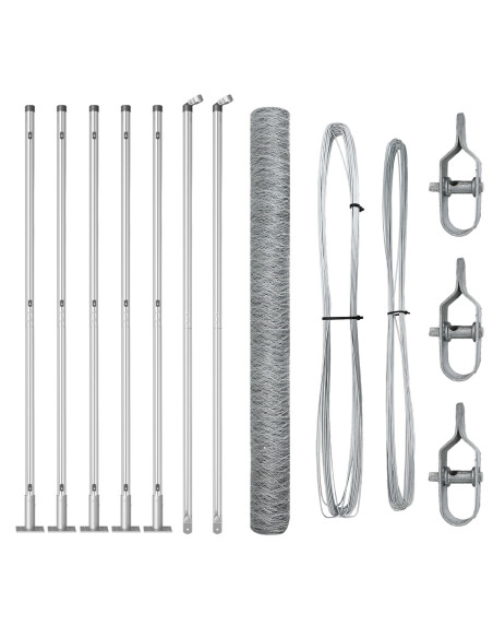 Recinzione Esagonale  1.4x10 m Acciaio Zincato, Pali di Recinzione  con Piastra di Base 7 pz Ø32mm 78.5cm Acciaio Zincato