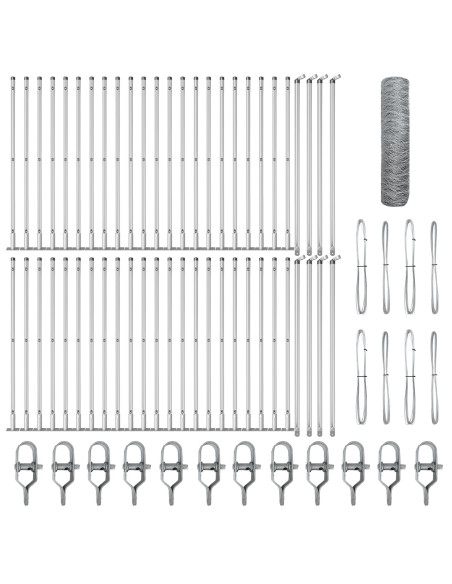 Recinzione Esagonale  0.5x100 m Acciaio Galvanizzato, Pali per Recinzione  con Piastra di Base 13 pz Ø32mm 70cm Acciaio Galvani