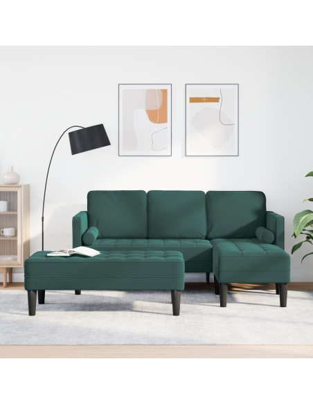 Divano da Giardino con Panchina e Cuscini L-Shaped Verde Scuro in Velluto,  Divano 3 Posti con Chaise L-Shaped Verde Scuro 160 c