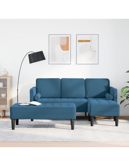 Divano da giardino  con panca e cuscini in velluto blu a forma di L, Divano  a forma di L blu 173x131x67 cm in velluto, Panca  b