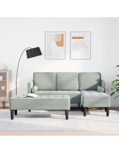 Divano da Giardino  con Panchina e Cuscini a Forma di L in Velluto Grigio Chiaro, Divano a 3 Posti  con Chaise a forma di L in V
