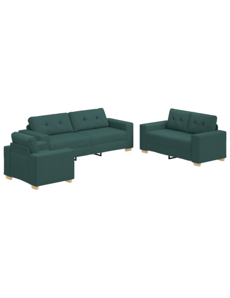 Set Divano 3 Pezzi con Cuscini - Tessuto Verde Scuro