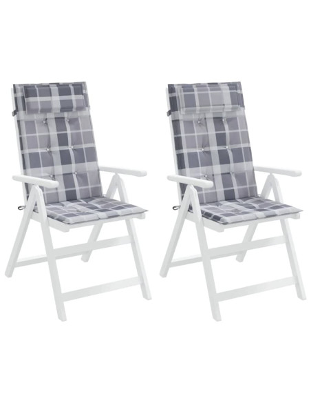 Cuscini Sedia Schienale Alto 2pz a Quadri Grigio Tessuto Oxford