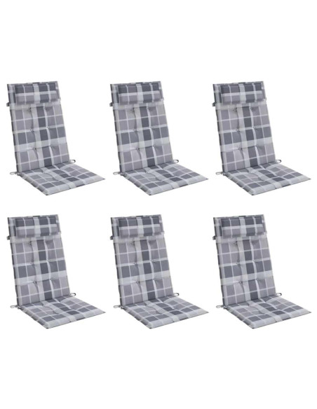 Cuscini Sedia Schienale Alto 6pz a Quadri Grigio Tessuto Oxford