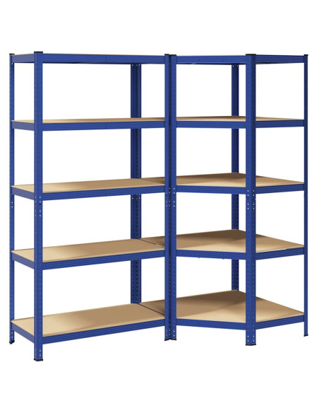 Set di Scaffali 2pz a 5 Ripiani Blu Acciaio e Legno Multistrato