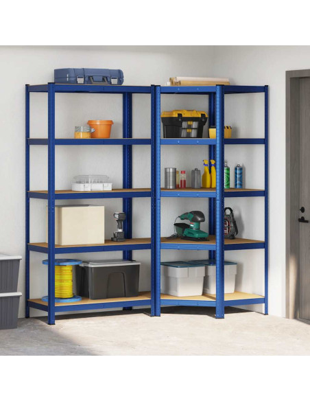 Set di Scaffali 2pz a 5 Ripiani Blu Acciaio e Legno Multistrato