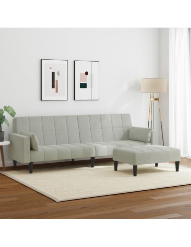 Divano Letto a 2 Posti con Poggiapiedi Grigio Chiaro in Velluto