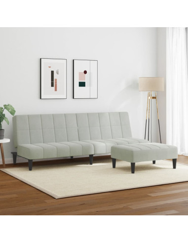 Divano Letto a 2 Posti con Poggiapiedi Grigio Chiaro in Velluto