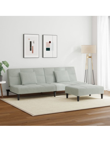 Divano Letto a 2 Posti con Poggiapiedi Grigio Chiaro in Velluto