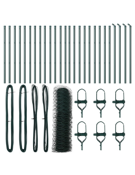 Recinzione Esagonale Verde 0.4x50 m Acciaio, Pali di Recinzione  13 pz Verde Ø32 mm 80 cm Acciaio Galvanizzato