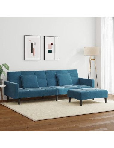 Divano Letto 2 Posti con Poggiapiedi Blu in Velluto