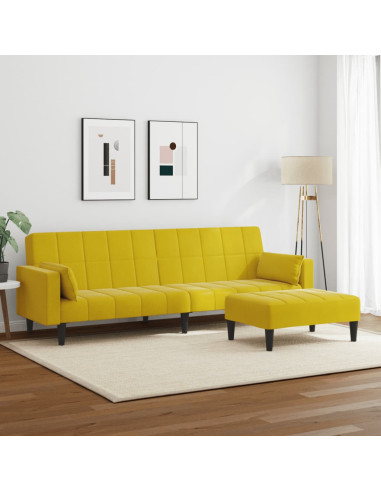 Divano Letto 2 Posti con Sgabello Giallo in Velluto