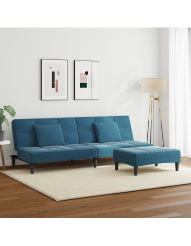 Divano Letto 2 Posti con Poggiapiedi Blu in Velluto