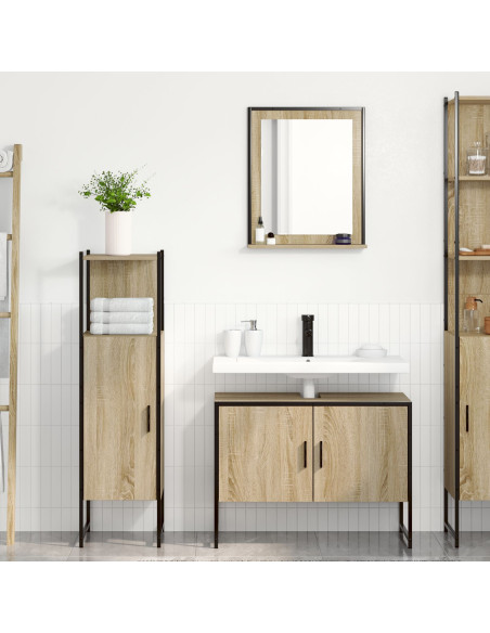 Set di Mobili da Bagno  in 3 Pezzi Rovere Chiaro Legno Ingegnerizzato, Specchio da Bagno  con Mensola Rovere Chiaro 50x12x60 cm 