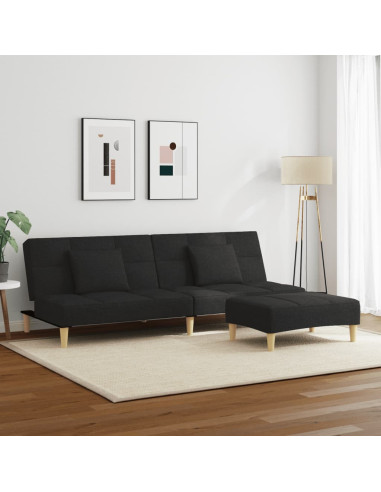 Divano Letto a 2 Posti con Poggiapiedi Nero in Tessuto